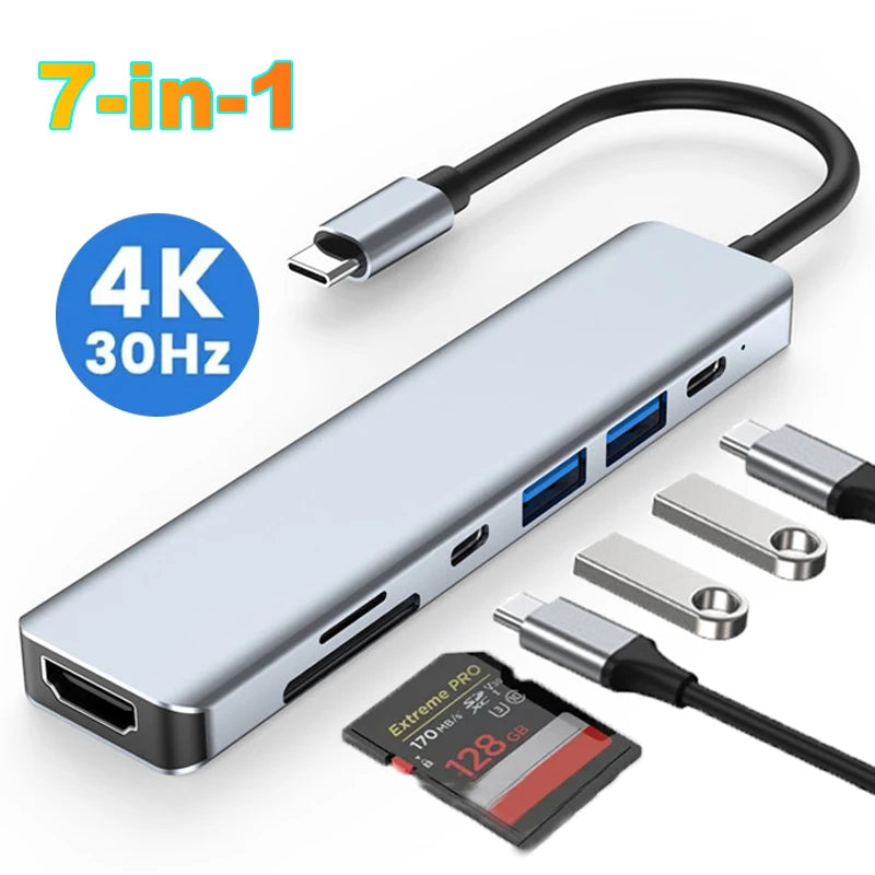 7-in-1 USB C Docking Station 4K HDMI-compatible Adapter USB 3.0 HUB TYPE C to HDMI PD 87W USB C Splitter for Laptop MacBook Pro