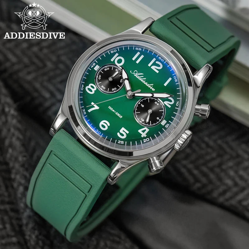 ADDIESDIVE Chronograph 38 mm Luminous Bubble Mirror 10Bar Waterproof Steel Watch for Men