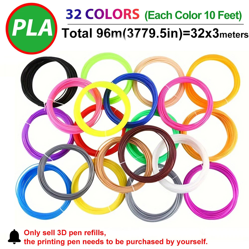 32 Colors 3D Pen Filament 1.75mm PLA, Each Colour 10Feet(3m), Total 320 Feet (96m) 3D Pen Filament Refills, Random Colour