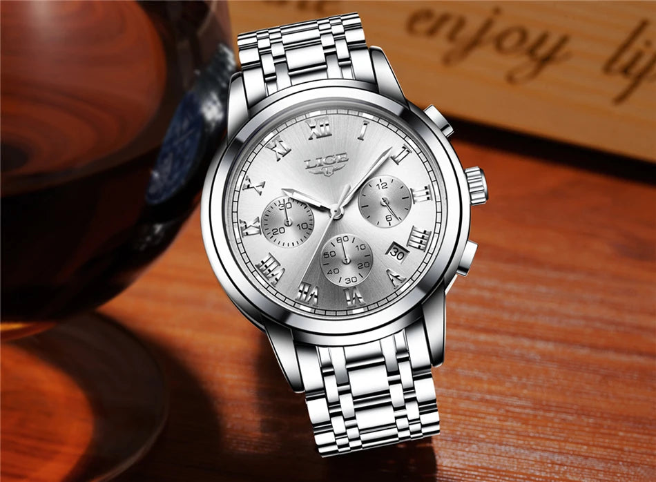 LIGE Fashion Luxury Quartz Watches for Men Business Waterproof Stainless Steel