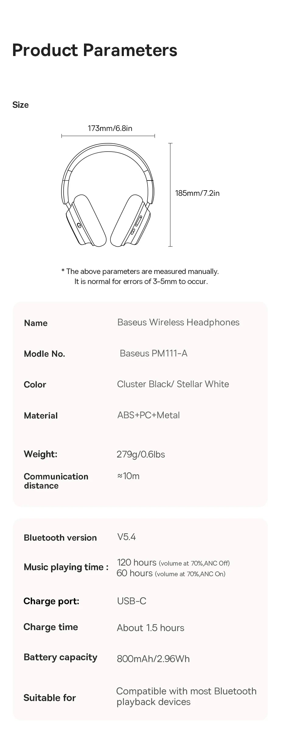 Baseus Wireless Headphones Bluetooth 5.4 Noise Cancelling Hi-Res Spatial Audio 120Hours Time