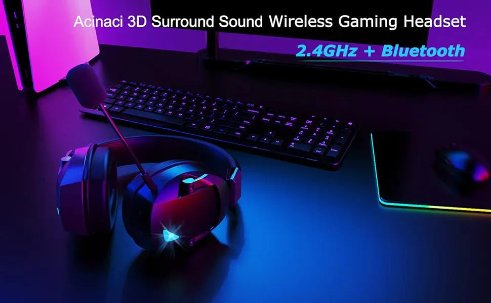 ACINACI Wireless Gaming Headset with Detachable Noise Cancelling Microphone,2.4G Bluetooth-USB-3.5mm Wired Jack 3 Modes for Multi-device