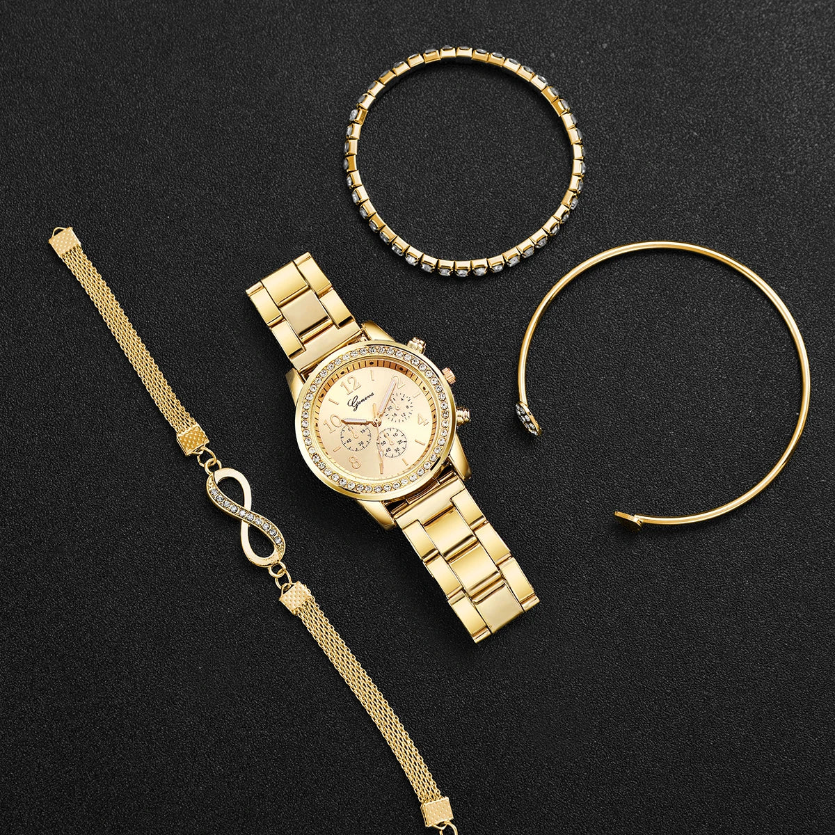 Fashion Rhinestone Women Luxury Watches Steel Band Ladies Quartz 4 pcs /set