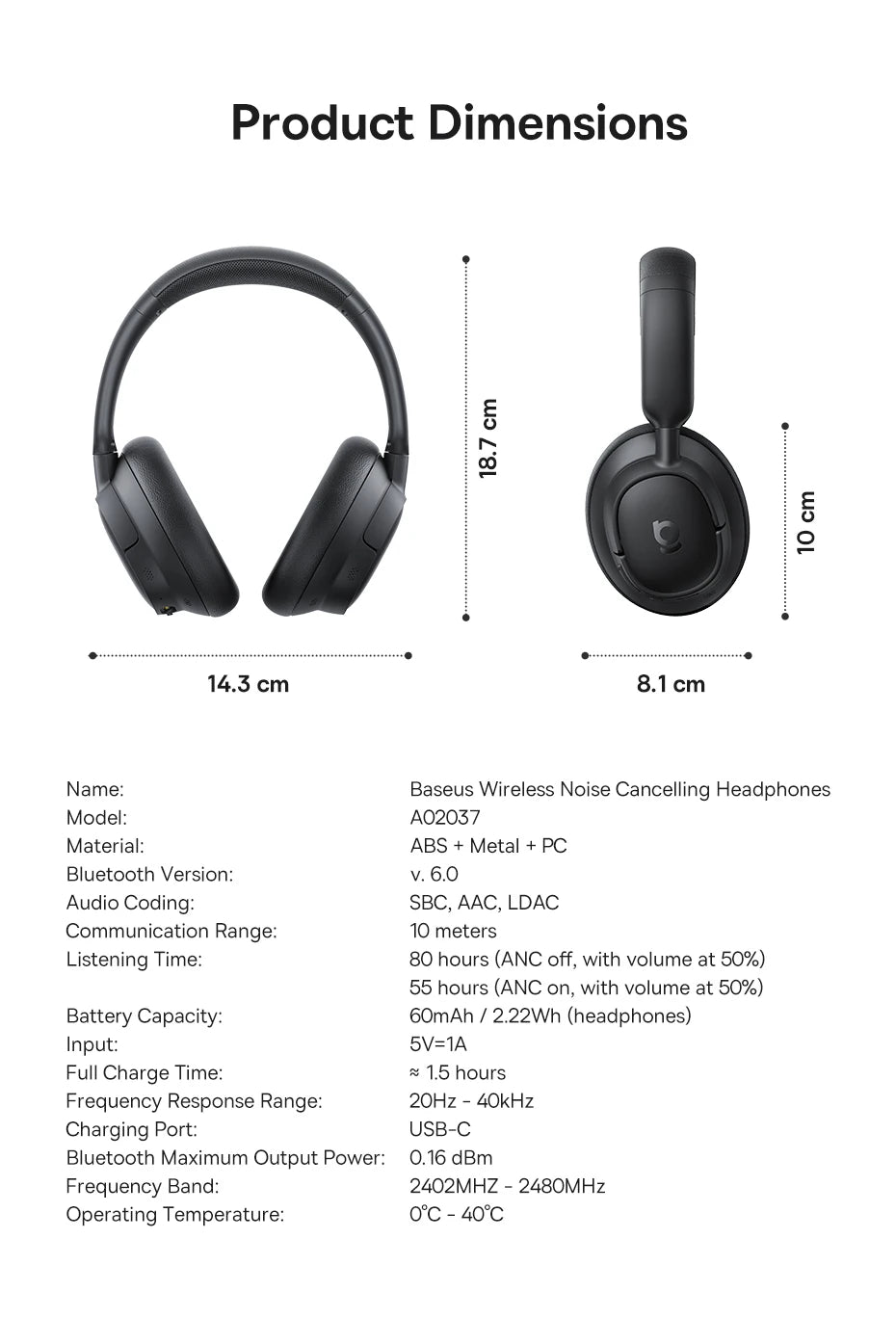 Baseus Wireless Headphones Bluetooth 5.4 Noise Cancelling Hi-Res Spatial Audio 120Hours Time