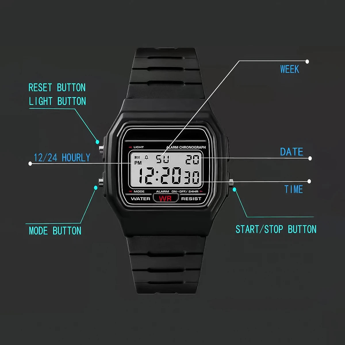 Women Men Digital Electronic LED Watch Multifunctional Outdoor