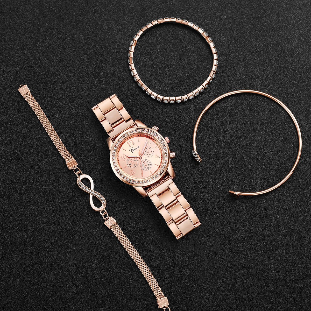 Fashion Rhinestone Women Luxury Watches Steel Band Ladies Quartz 4 pcs /set