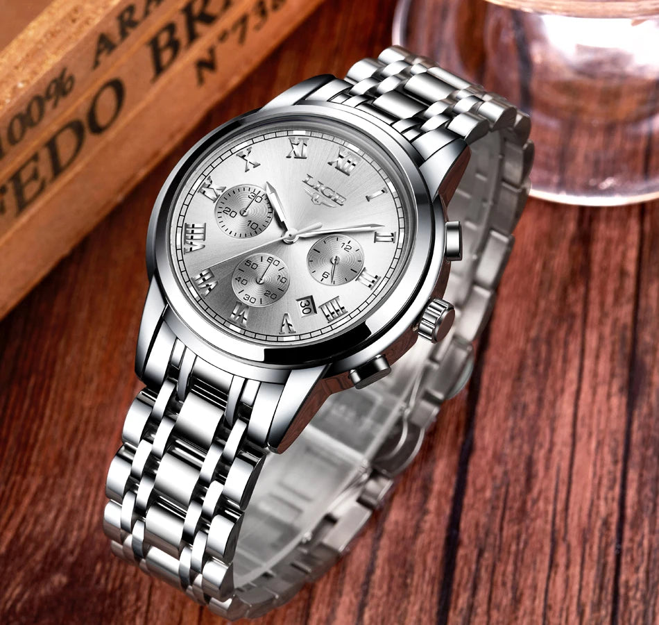LIGE Fashion Luxury Quartz Watches for Men Business Waterproof Stainless Steel
