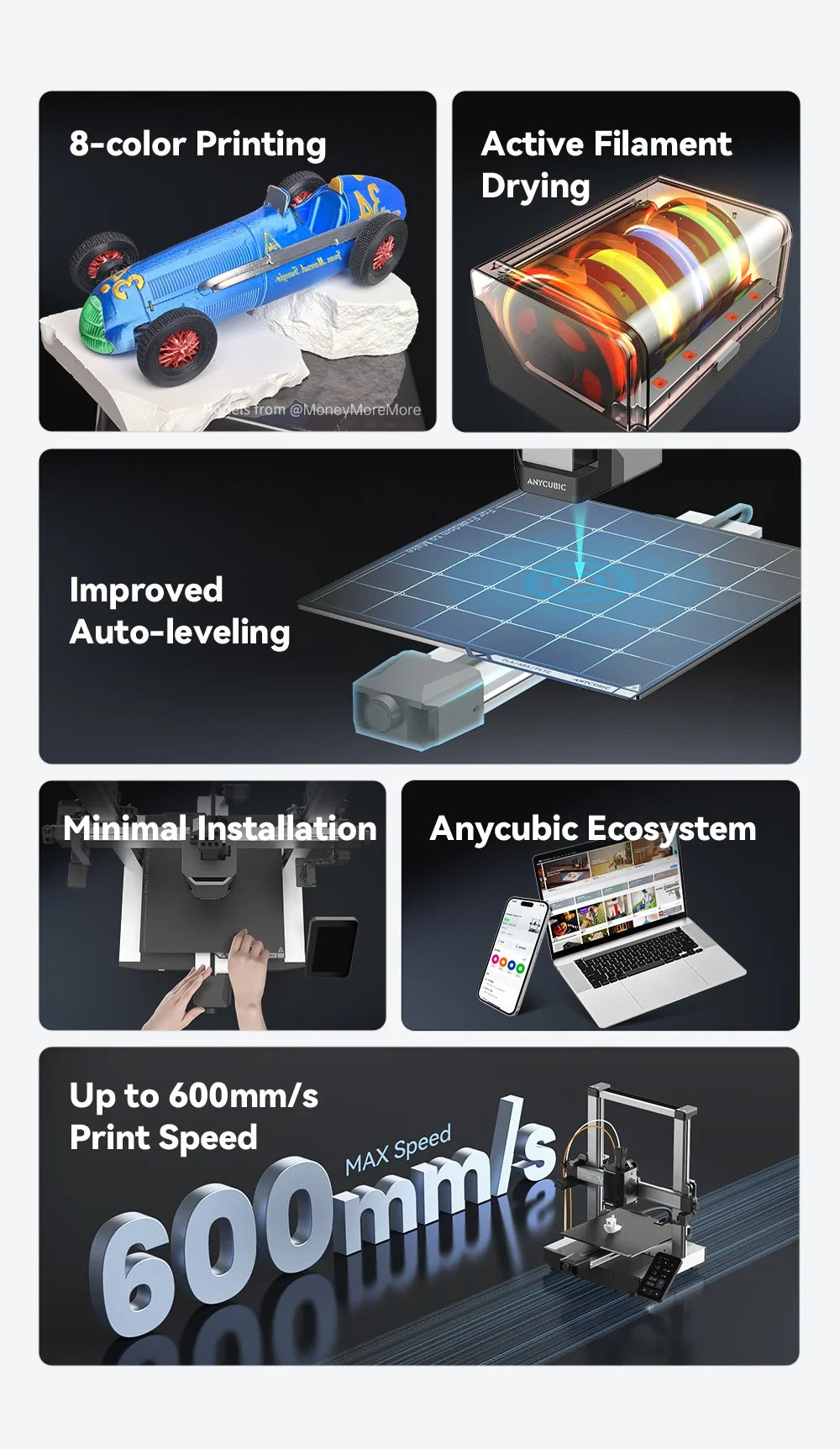 New!ANYCUBIC Kobra 3 V2 Combo 600mm/s Fast Printing 3D Printer 8 Colors ACE Pro Filament Auto Leveling FDM Desktop 3D Printer