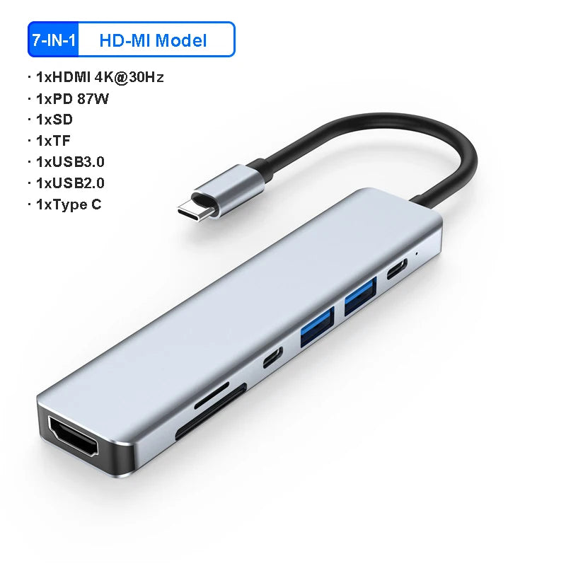 7-in-1 USB C Docking Station 4K HDMI-compatible Adapter USB 3.0 HUB TYPE C to HDMI PD 87W USB C Splitter for Laptop MacBook Pro