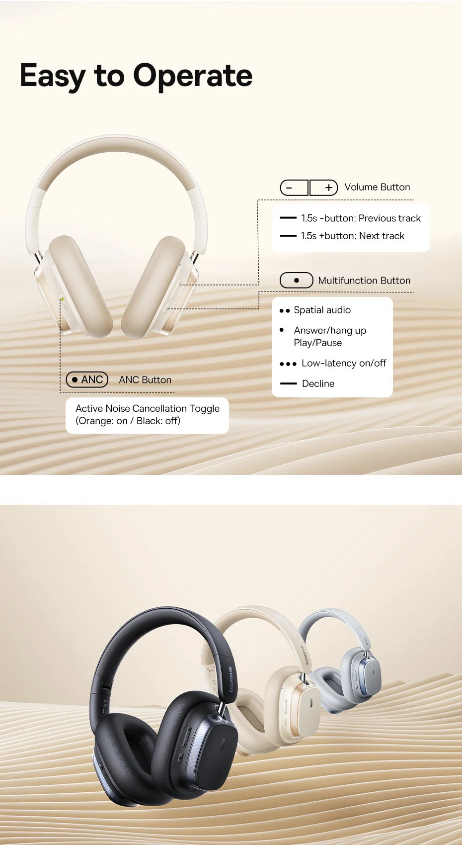 Baseus Wireless Headphones Bluetooth 5.4 Noise Cancelling Hi-Res Spatial Audio 120Hours Time