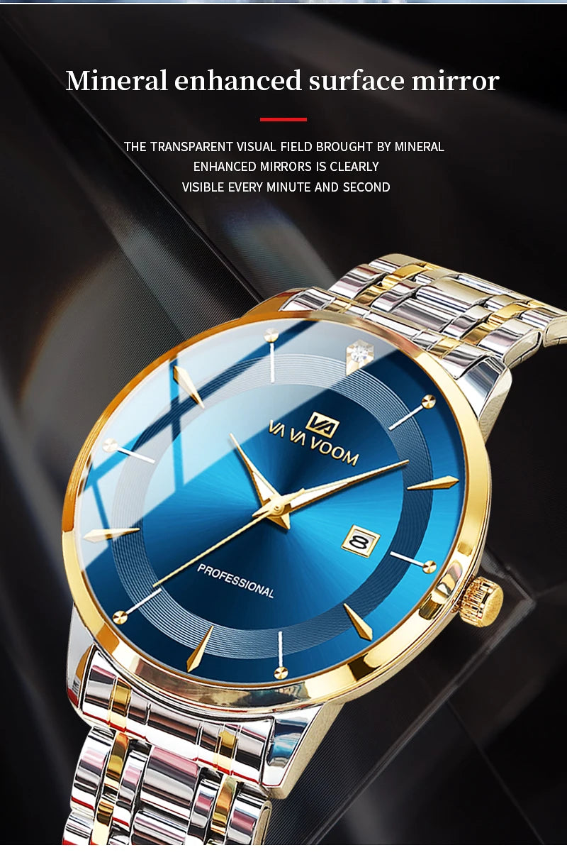 Luxury Rhinestone 43mm Blue Gold Quartz Stainless Steel for Men