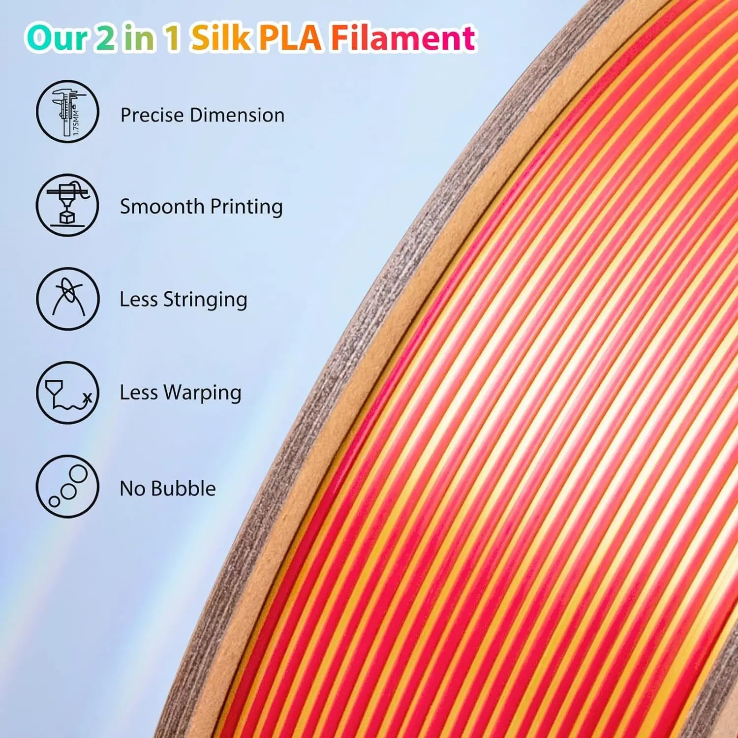 Multicolor 3D Printer Filament,Dual/Tri Colour 1.75mm PLA Silk Shiny Printing Filament,250g(0.55lbs) Fit Most FDM 3D Printer