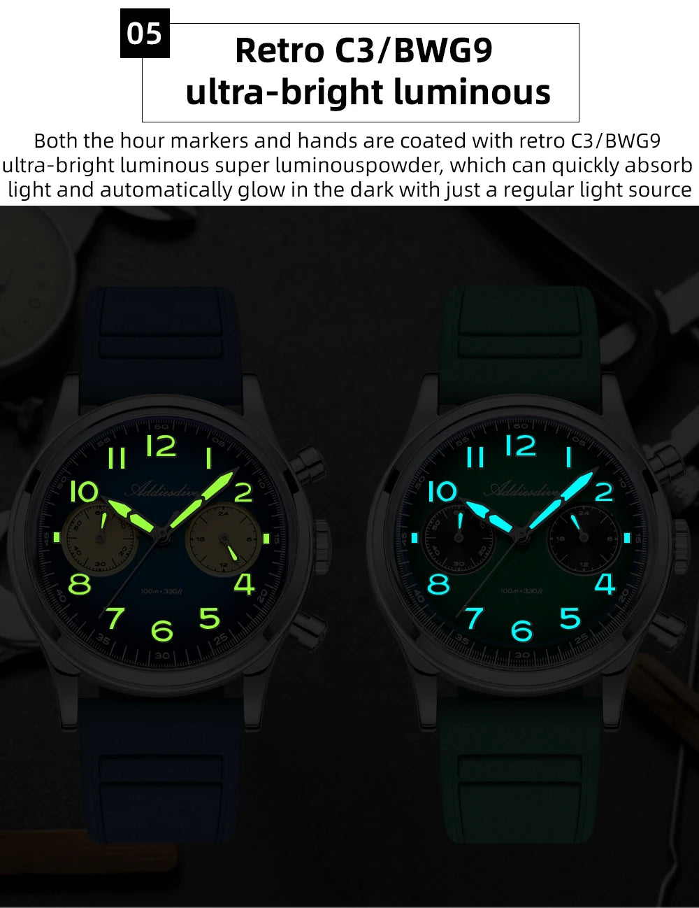 ADDIESDIVE Chronograph 38 mm Luminous Bubble Mirror 10Bar Waterproof Steel Watch for Men