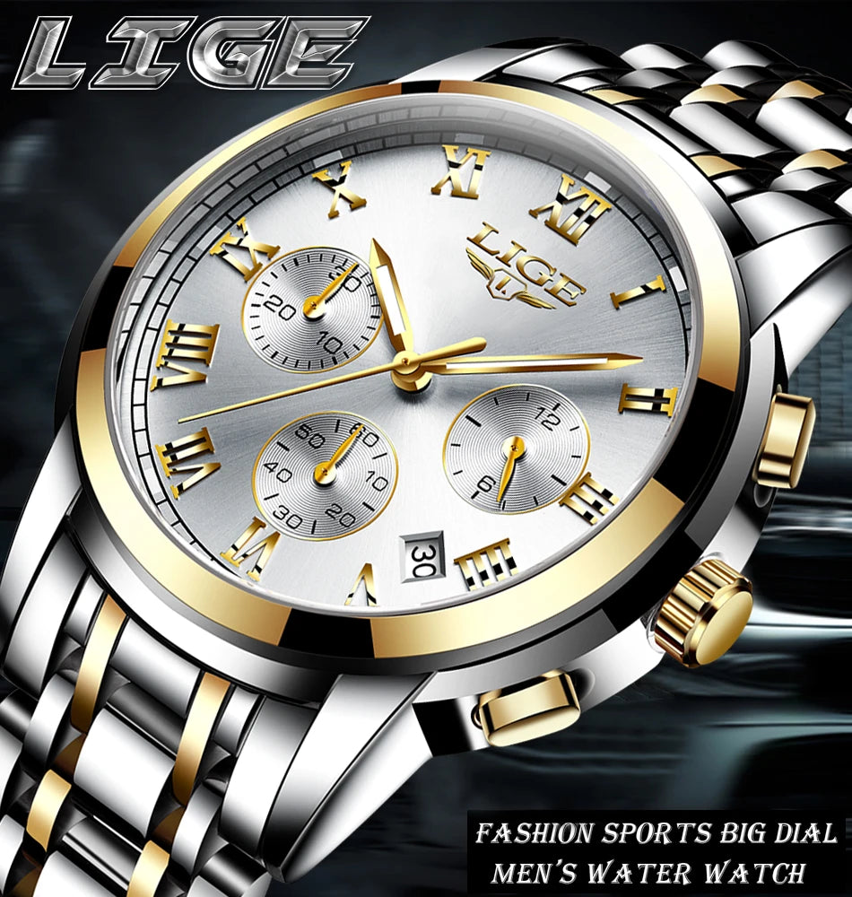 LIGE Fashion Luxury Quartz Watches for Men Business Waterproof Stainless Steel