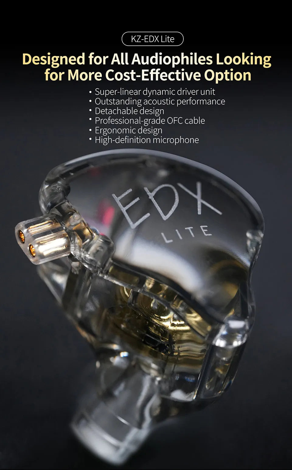 KZ EDX Lite HIFI Dynamic Driver Stereo Bass Music Earbuds for Gaming Sports with Detachable 2Pin Cable