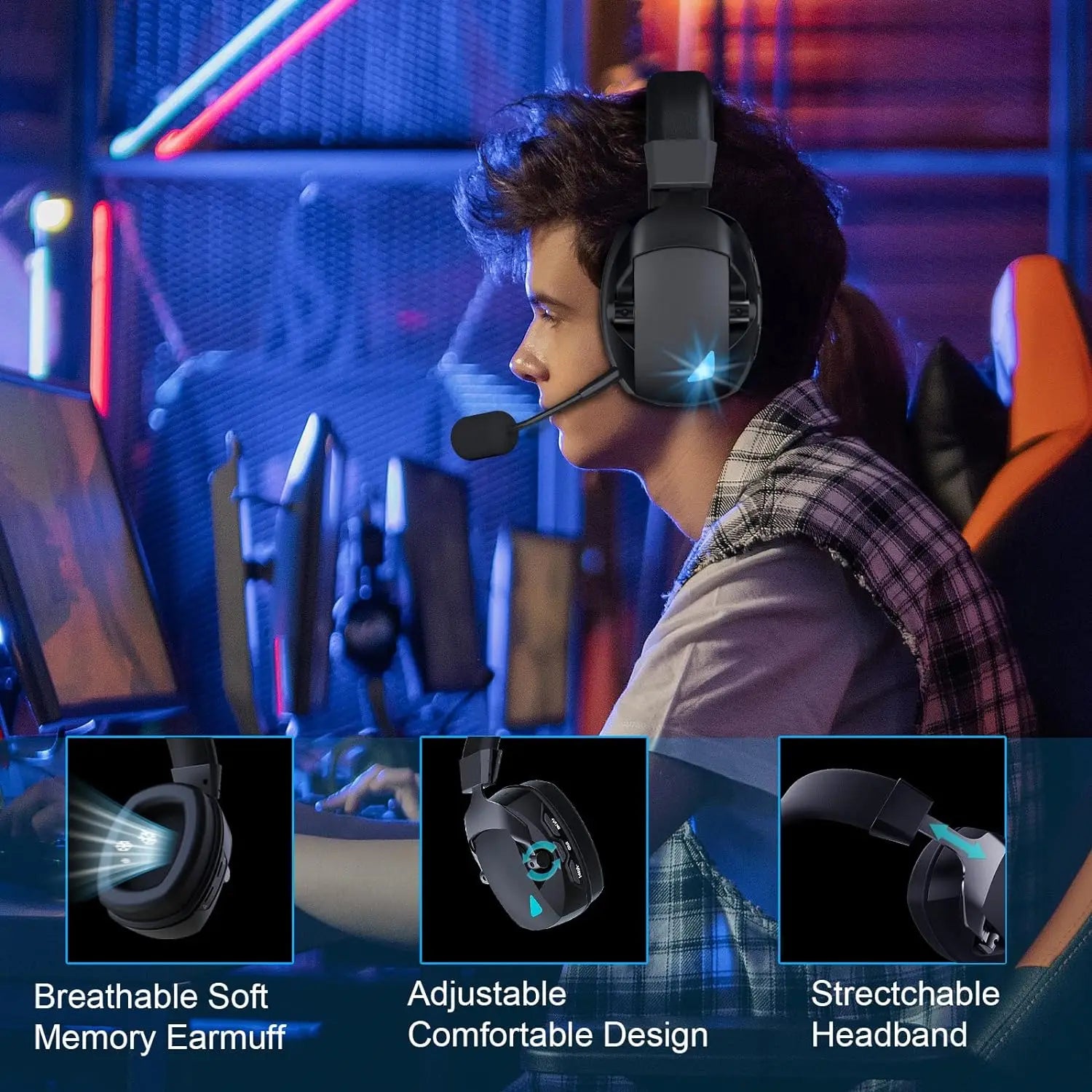 ACINACI Wireless Gaming Headset with Detachable Noise Cancelling Microphone,2.4G Bluetooth-USB-3.5mm Wired Jack 3 Modes for Multi-device