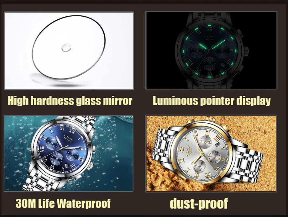 LIGE Fashion Luxury Quartz Watches for Men Business Waterproof Stainless Steel