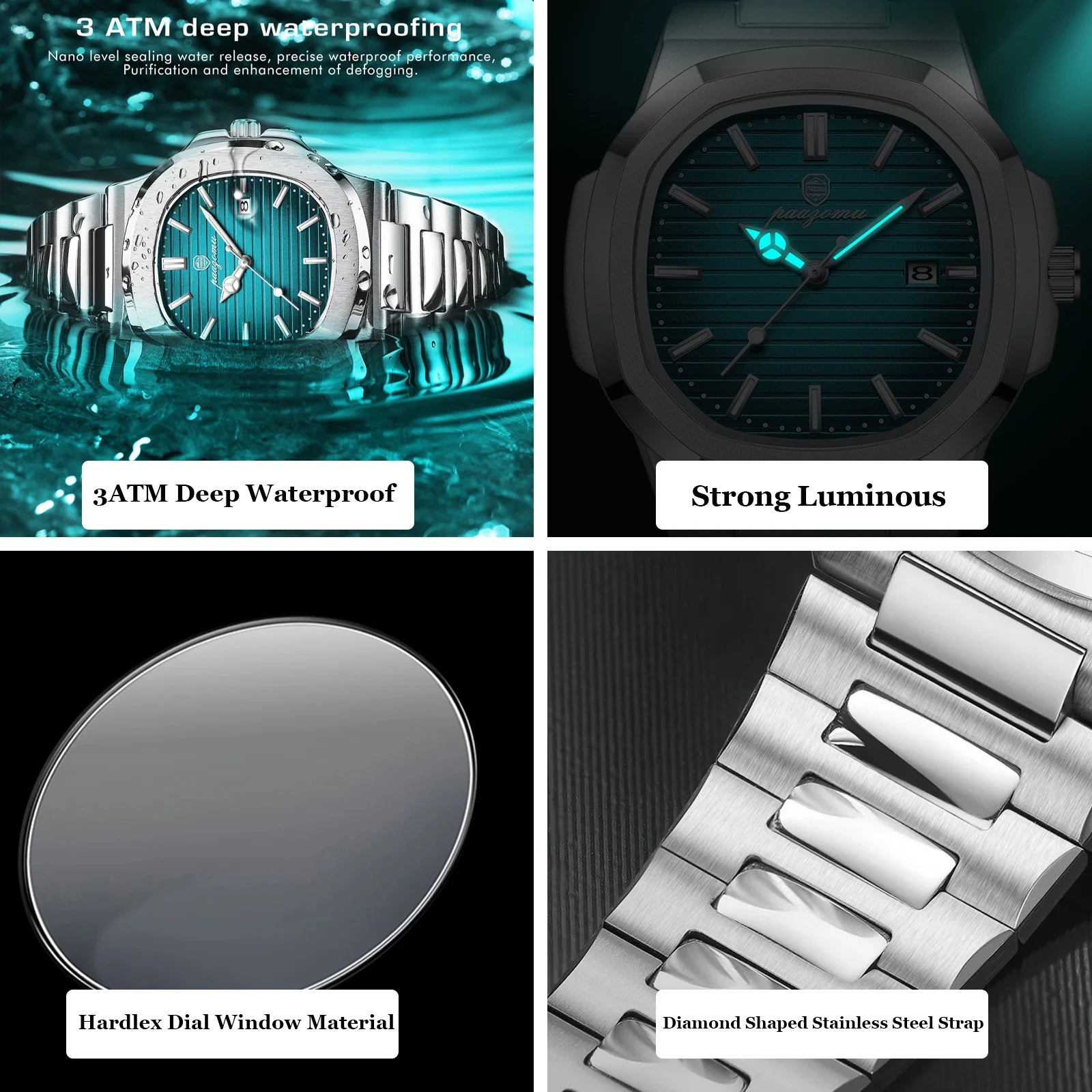 PAAZOMU Luxury Stainless Steel Business Waterproof Luminous Men Watch