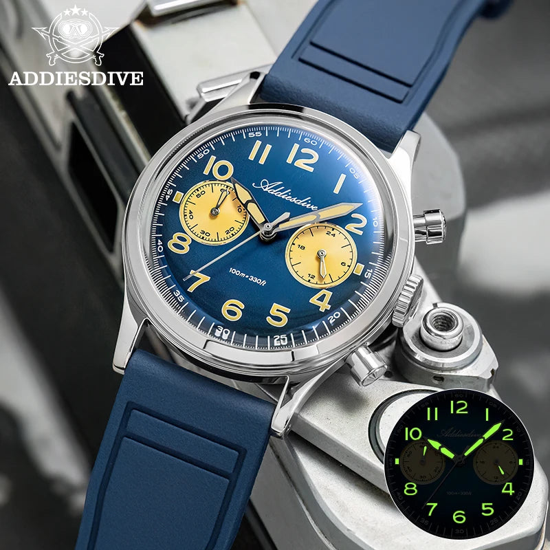 ADDIESDIVE Chronograph 38 mm Luminous Bubble Mirror 10Bar Waterproof Steel Watch for Men