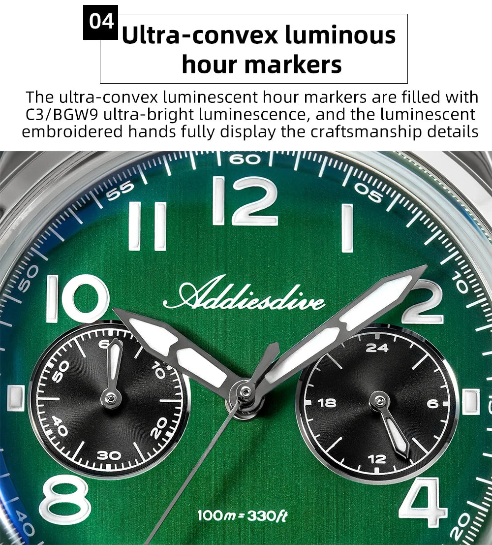 ADDIESDIVE Chronograph 38 mm Luminous Bubble Mirror 10Bar Waterproof Steel Watch for Men