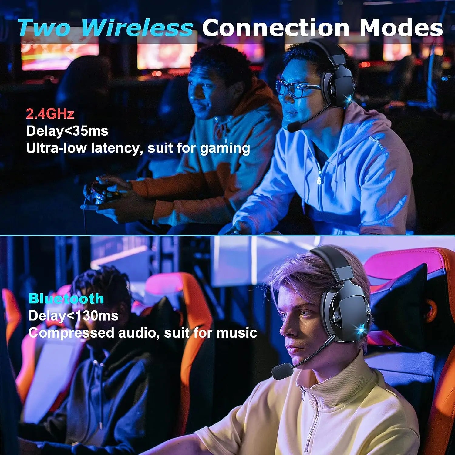 ACINACI Wireless Gaming Headset with Detachable Noise Cancelling Microphone,2.4G Bluetooth-USB-3.5mm Wired Jack 3 Modes for Multi-device