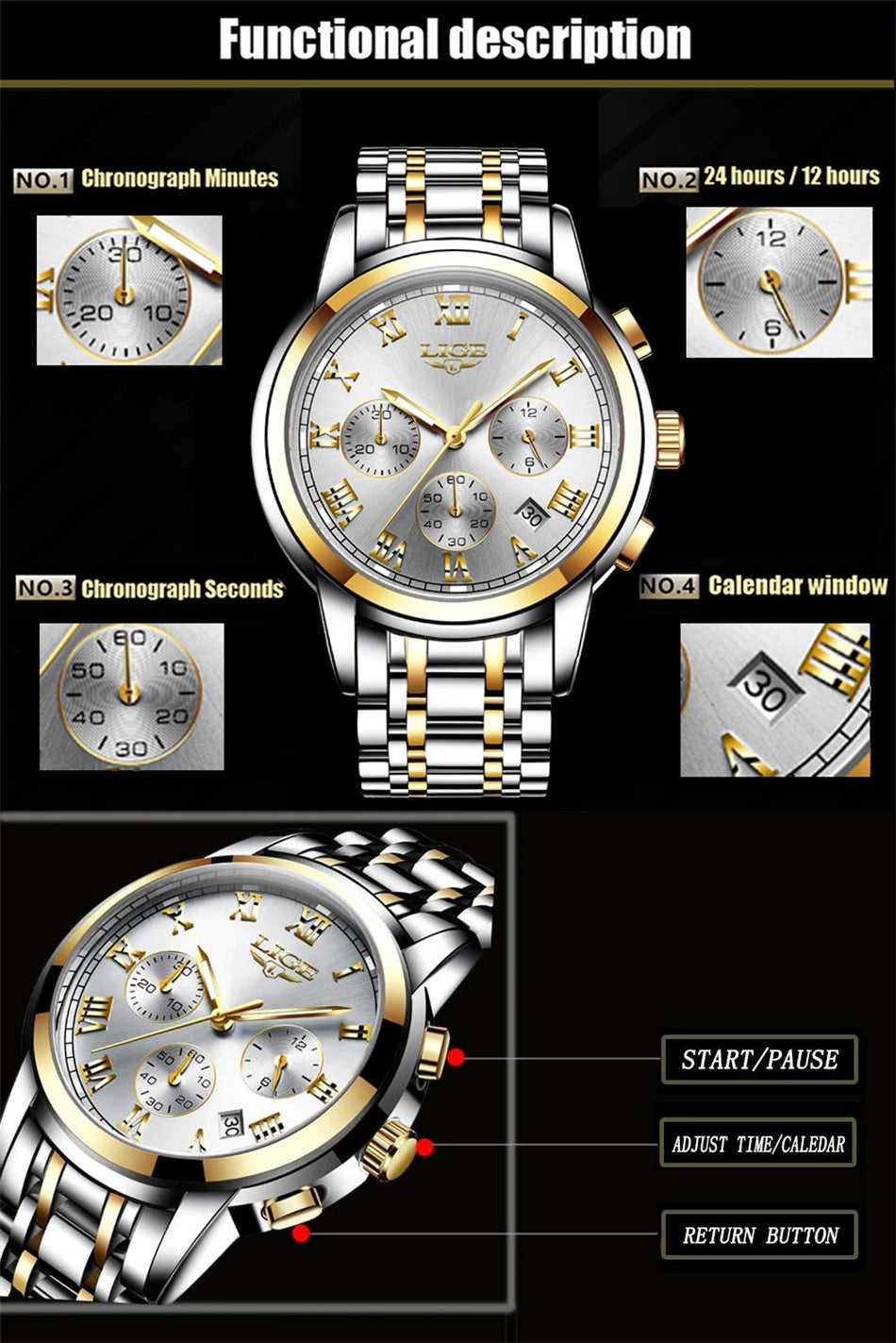 LIGE Fashion Luxury Quartz Watches for Men Business Waterproof Stainless Steel