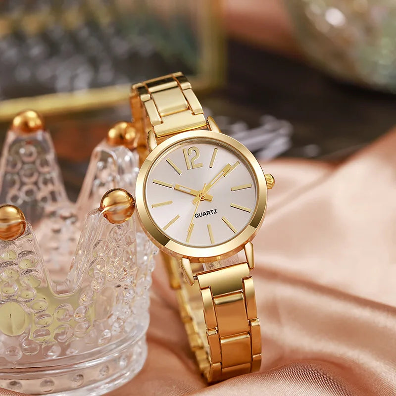 Women Luxury Watch set of 2 pcs Simple Dial Hollow Strap Fashion Gold Bracelet