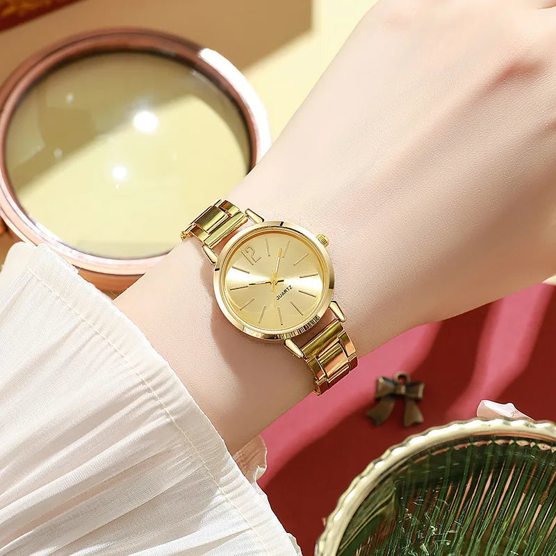Women Luxury Watch set of 2 pcs Simple Dial Hollow Strap Fashion Gold Bracelet