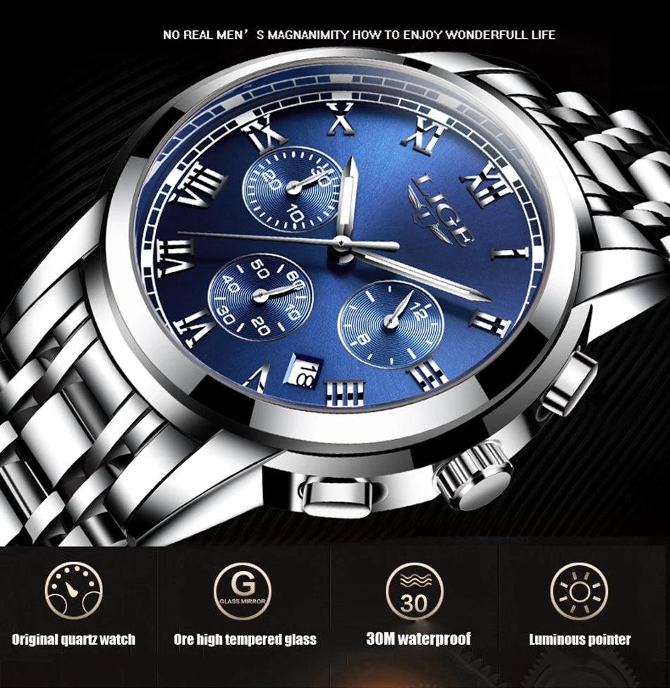LIGE Fashion Luxury Quartz Watches for Men Business Waterproof Stainless Steel