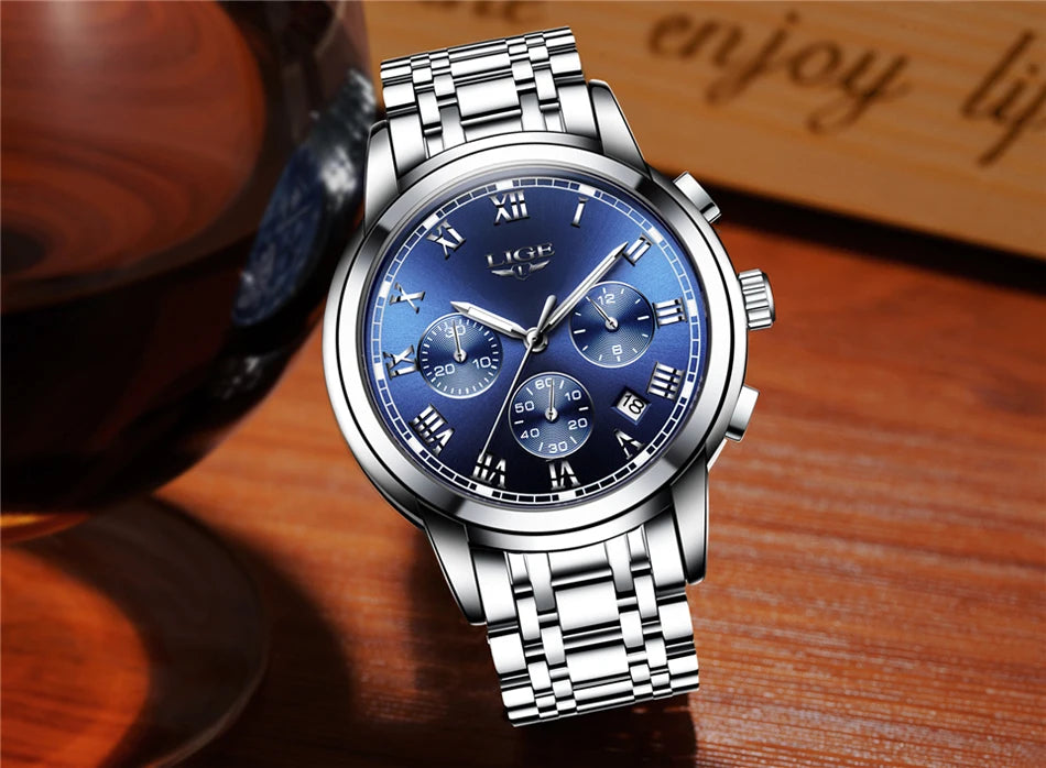 LIGE Fashion Luxury Quartz Watches for Men Business Waterproof Stainless Steel