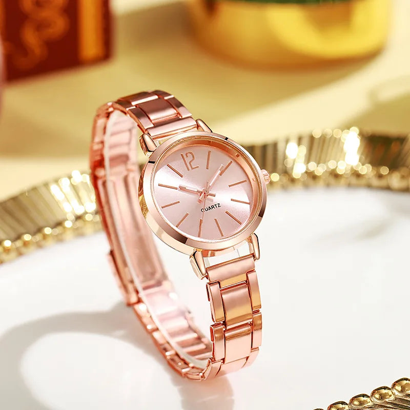 Women Luxury Watch set of 2 pcs Simple Dial Hollow Strap Fashion Gold Bracelet