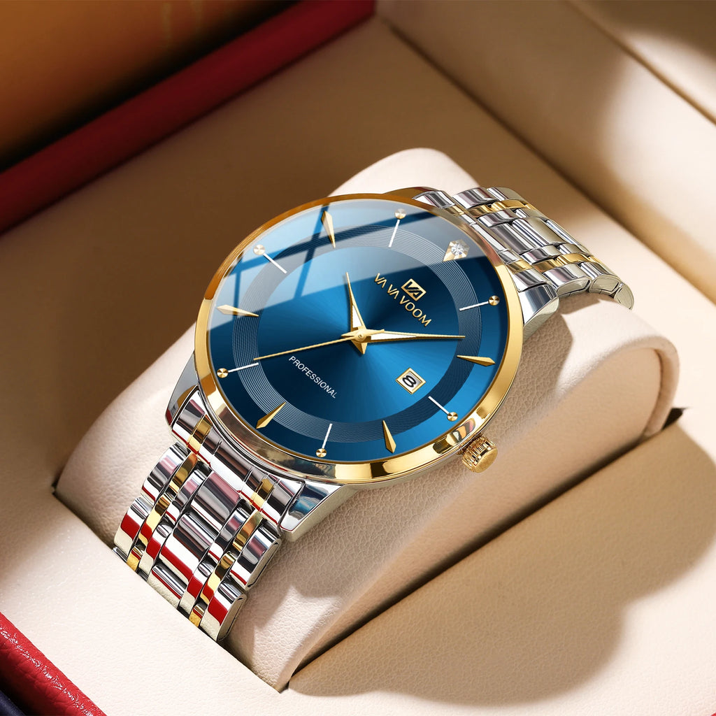 Luxury Rhinestone 43mm Blue Gold Quartz Stainless Steel for Men