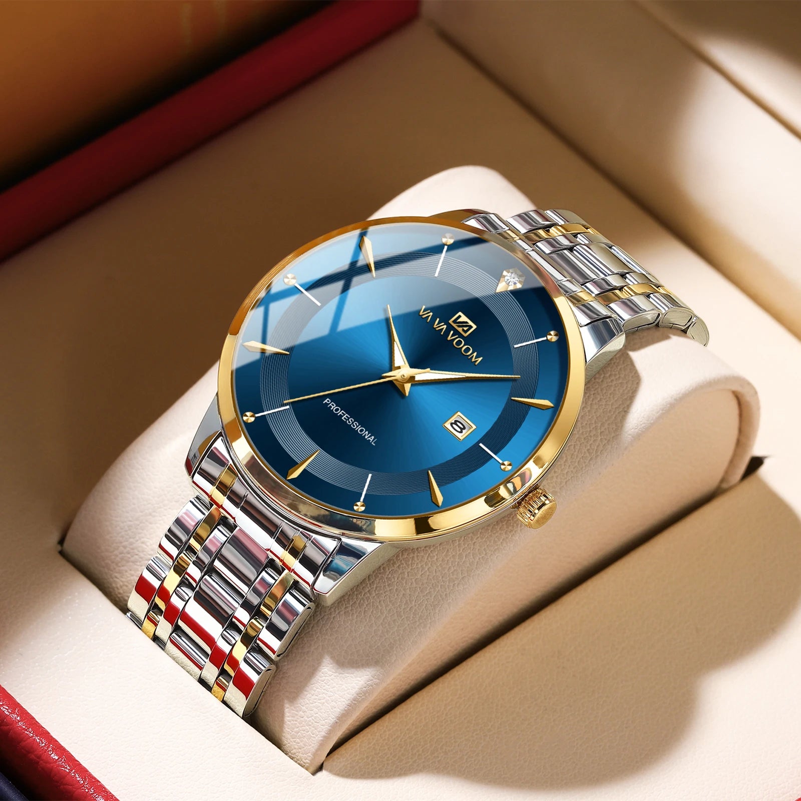 Luxury Rhinestone 43mm Blue Gold Quartz Stainless Steel for Men