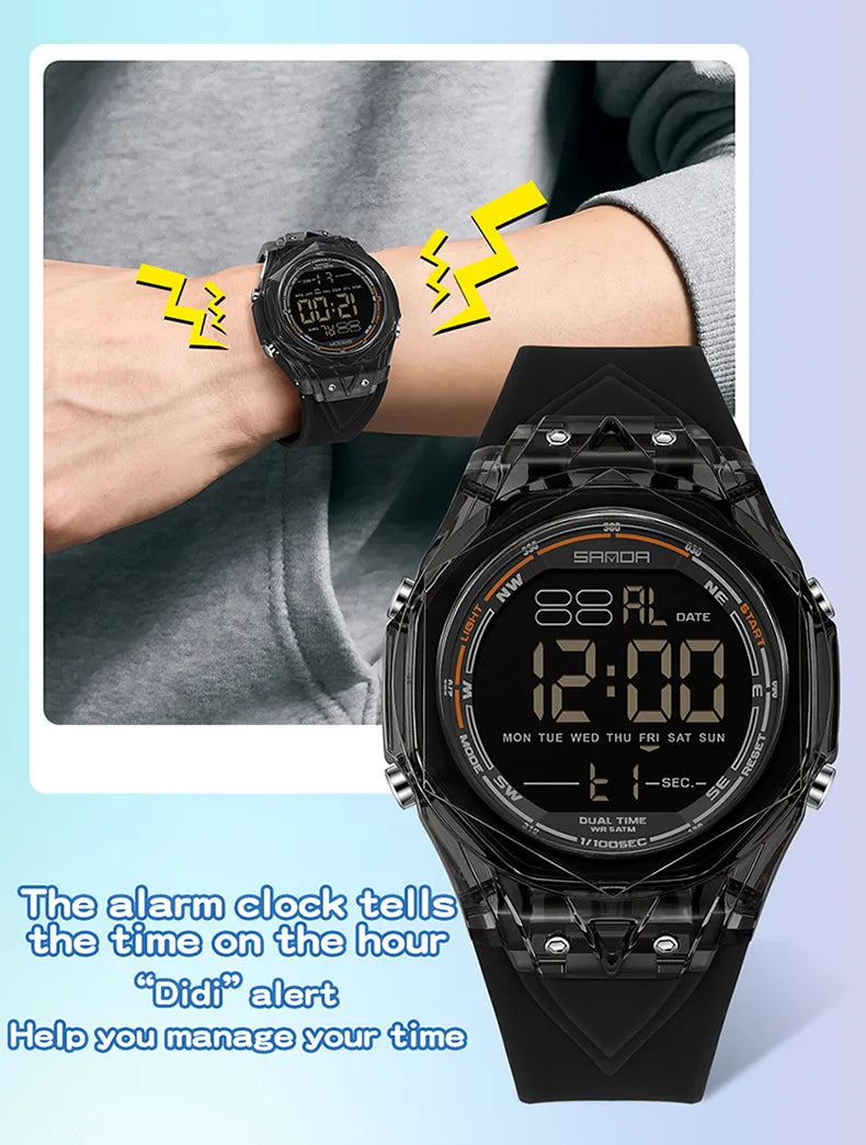SANDA electronic watch for both men and women, multifunctional anti fall, 50M waterproof