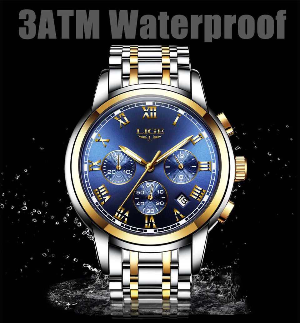 LIGE Fashion Luxury Quartz Watches for Men Business Waterproof Stainless Steel