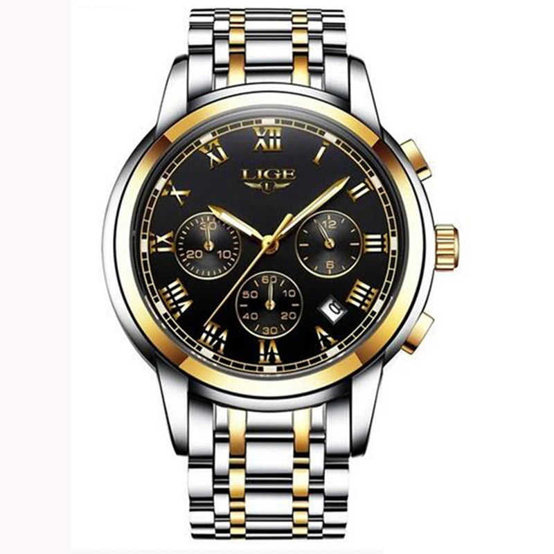 LIGE Fashion Luxury Quartz Watches for Men Business Waterproof Stainless Steel
