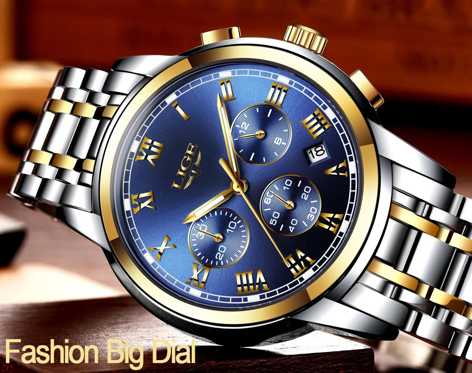 LIGE Fashion Luxury Quartz Watches for Men Business Waterproof Stainless Steel