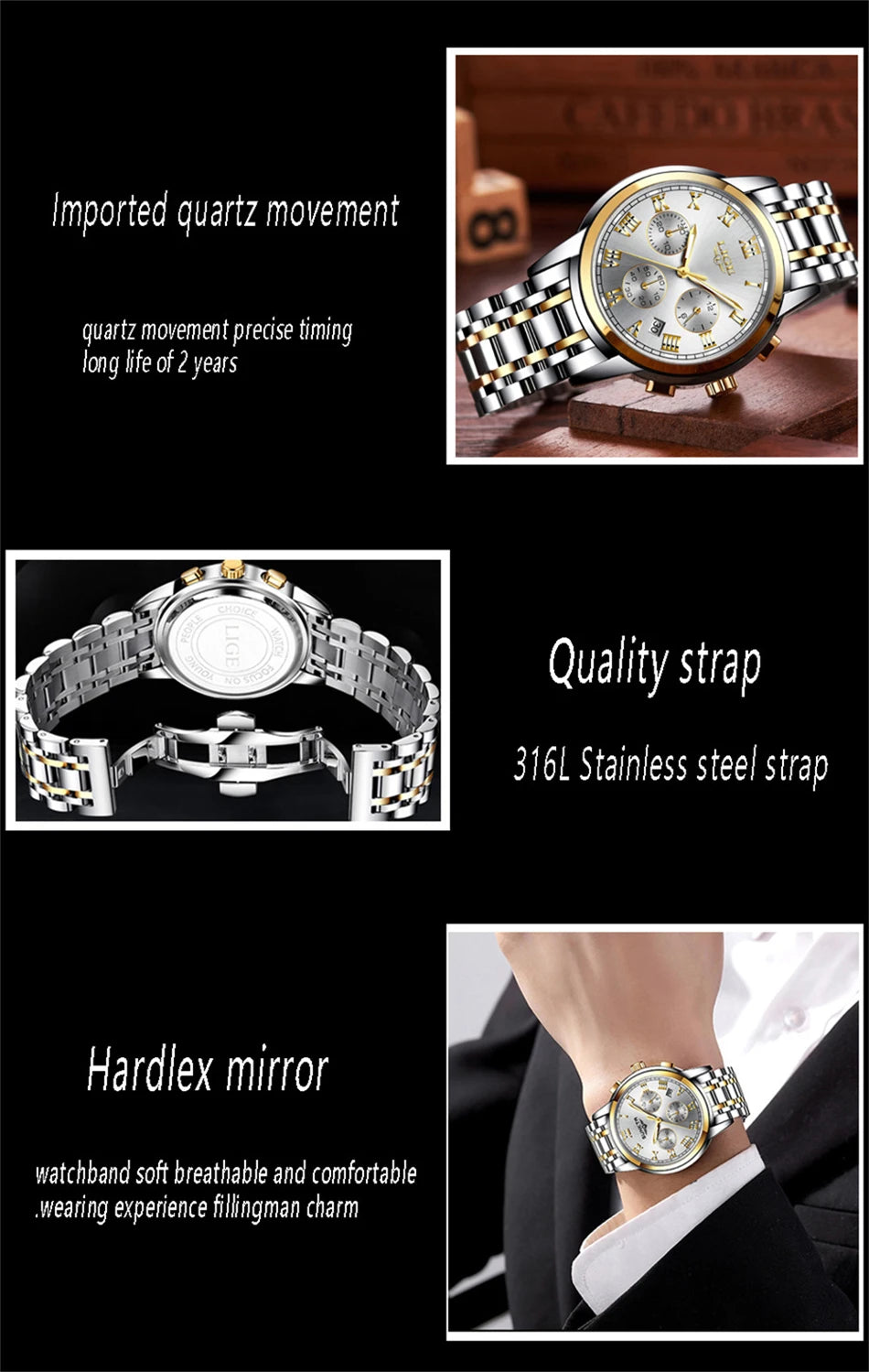 LIGE Fashion Luxury Quartz Watches for Men Business Waterproof Stainless Steel