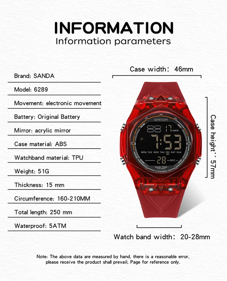 SANDA electronic watch for both men and women, multifunctional anti fall, 50M waterproof