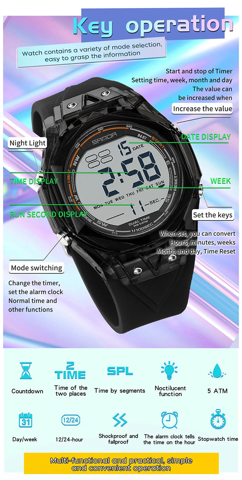 SANDA electronic watch for both men and women, multifunctional anti fall, 50M waterproof
