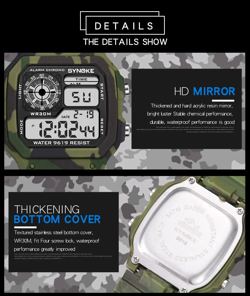 SYNOKE Outdoor Military Digital Watch For Men Sports Waterproof Luminous