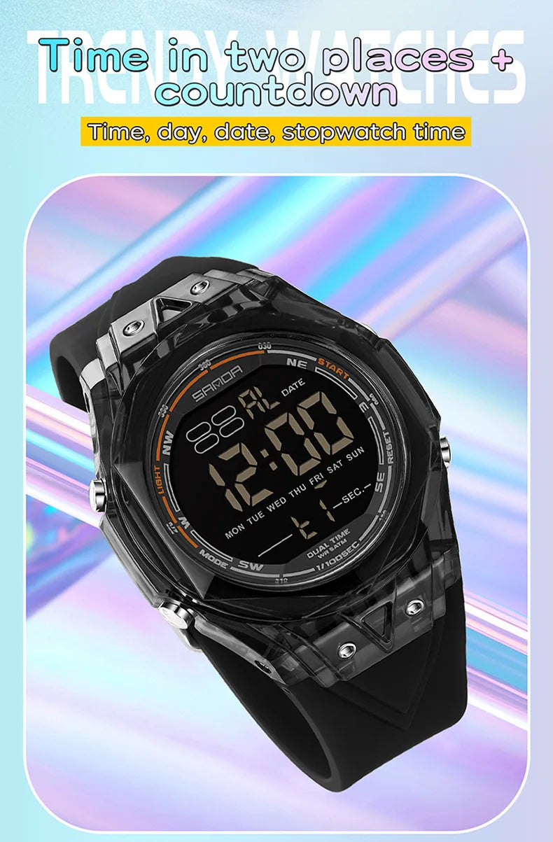 SANDA electronic watch for both men and women, multifunctional anti fall, 50M waterproof