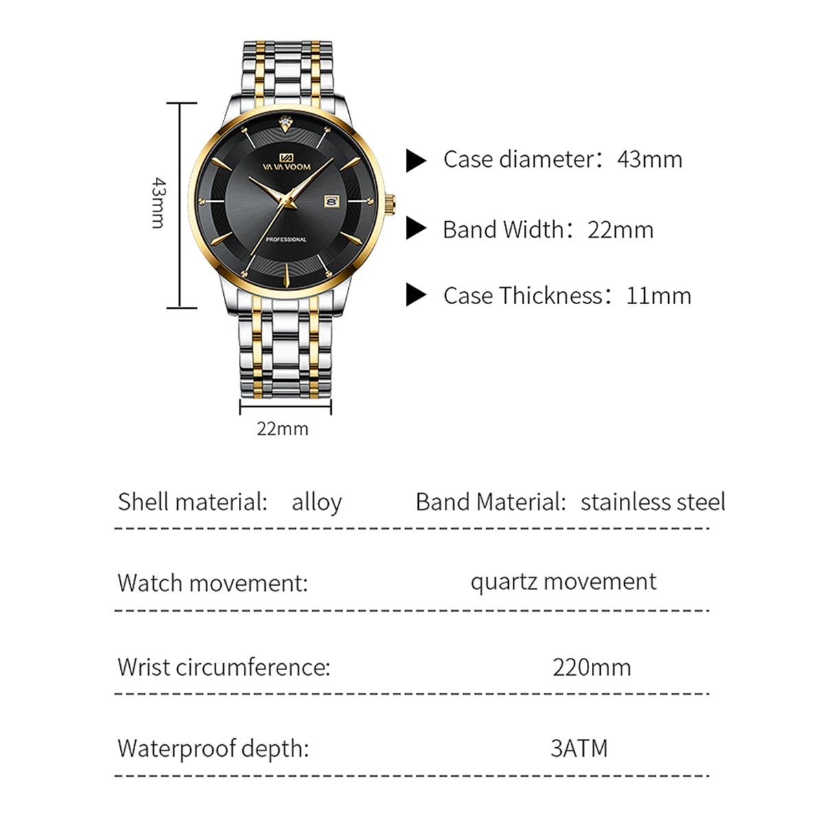 Luxury Rhinestone 43mm Blue Gold Quartz Stainless Steel for Men