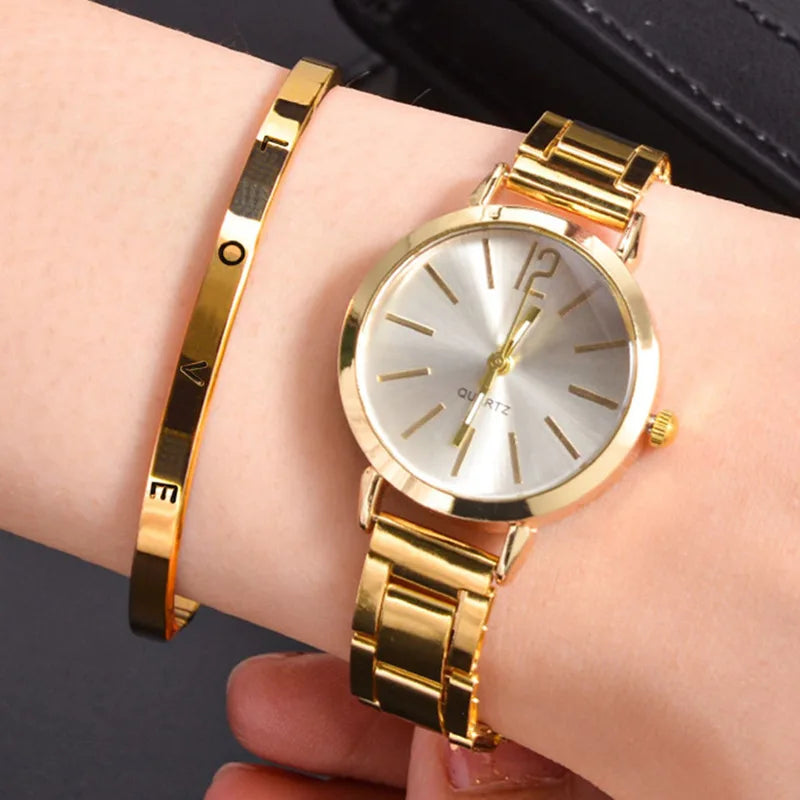 Women Luxury Watch set of 2 pcs Simple Dial Hollow Strap Fashion Gold Bracelet