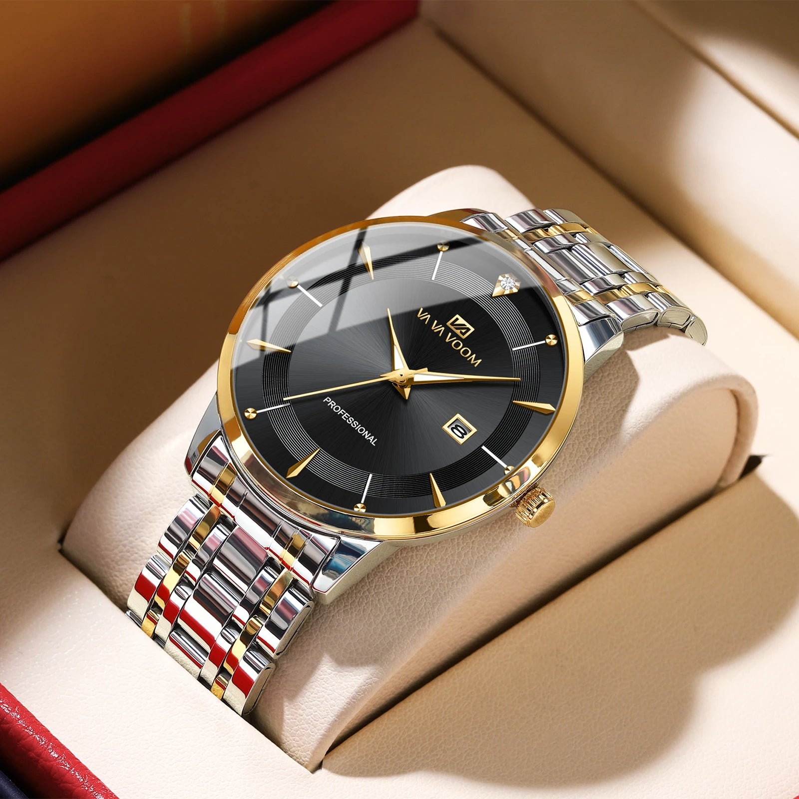Luxury Rhinestone 43mm Blue Gold Quartz Stainless Steel for Men