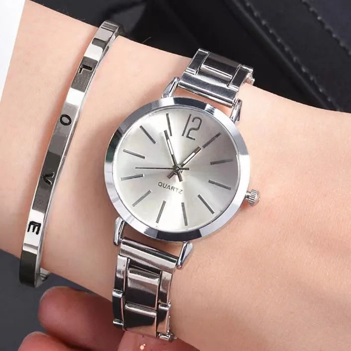 Women Luxury Watch set of 2 pcs Simple Dial Hollow Strap Fashion Gold Bracelet