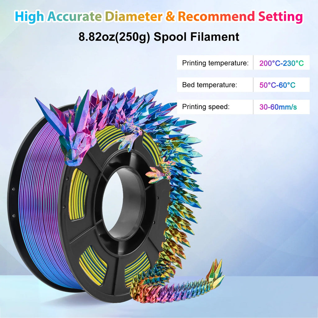 Tricolour Silk PLA 3D Printer Filament, 1.75mm Multicolour 3D Printing Filament, Purple & Sky Blue & Yellow Filament, 250g (0.55lbs)