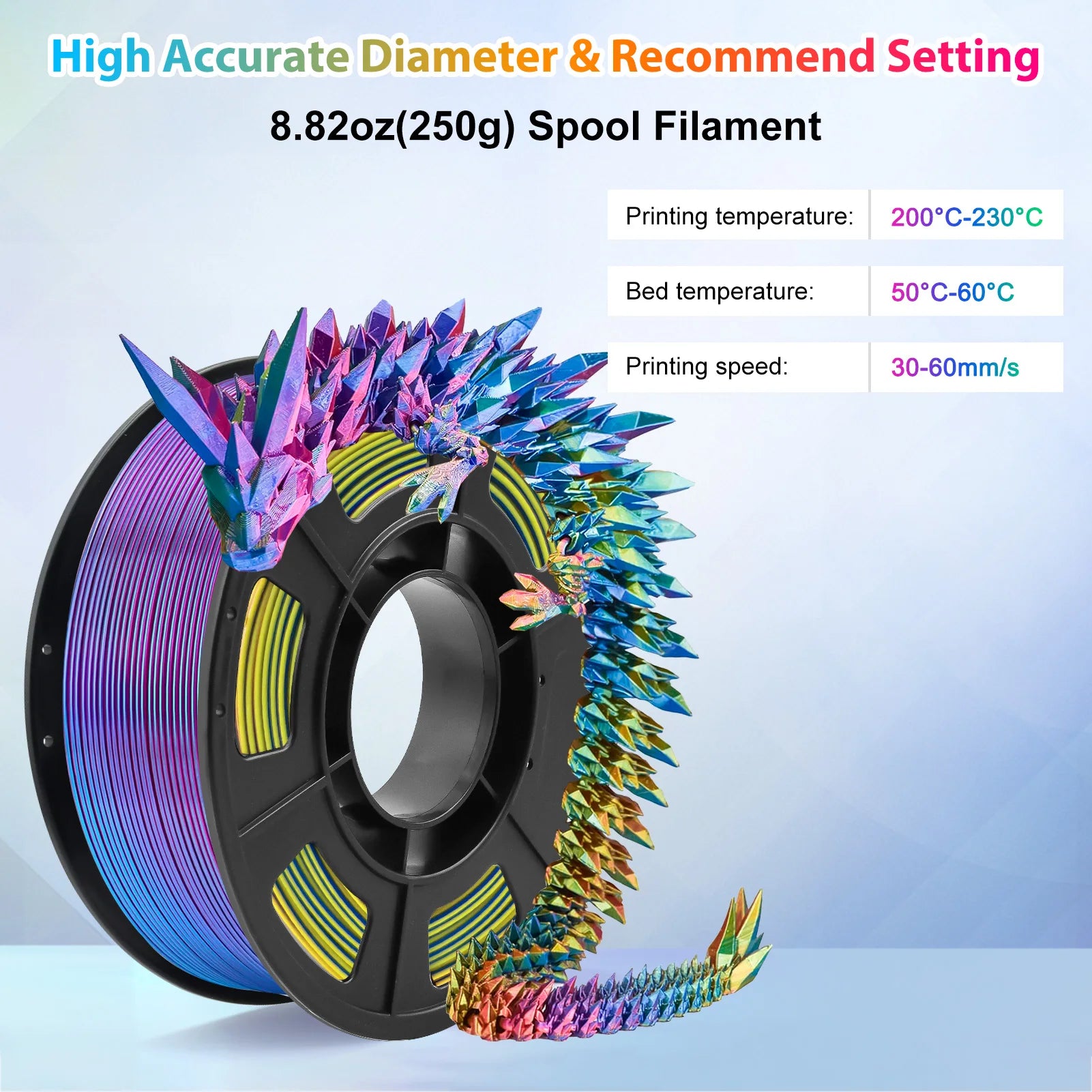 Tricolour Silk PLA 3D Printer Filament, 1.75mm Multicolour 3D Printing Filament, Purple & Sky Blue & Yellow Filament, 250g (0.55lbs)