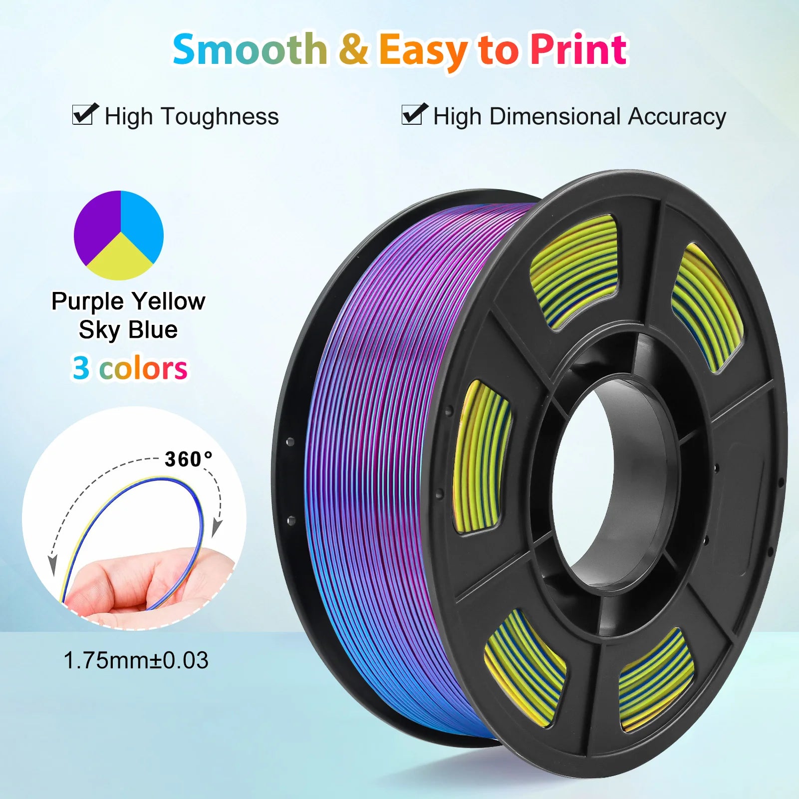 Tricolour Silk PLA 3D Printer Filament, 1.75mm Multicolour 3D Printing Filament, Purple & Sky Blue & Yellow Filament, 250g (0.55lbs)