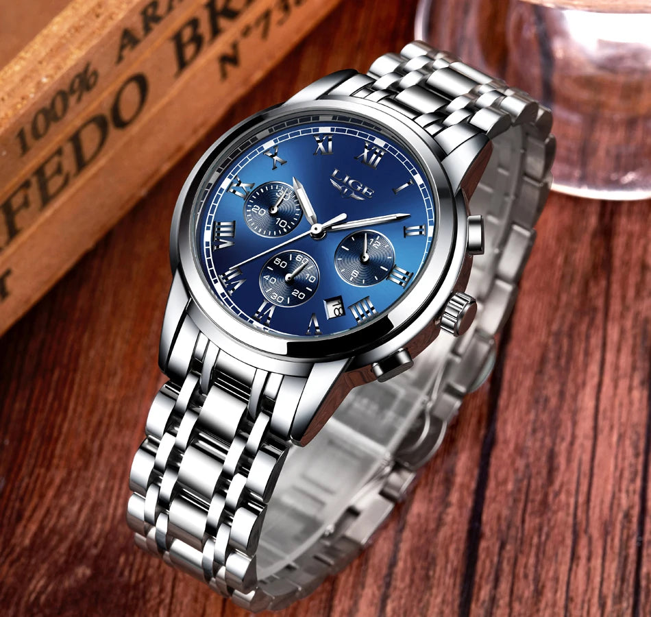 LIGE Fashion Luxury Quartz Watches for Men Business Waterproof Stainless Steel